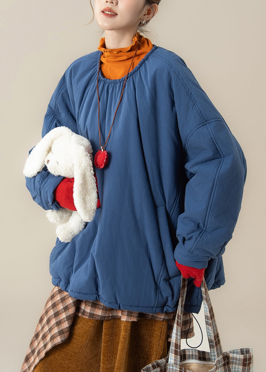 Parka holgada de algodón azul con cuello redondo, bolsillos y cordón ajustable para invierno