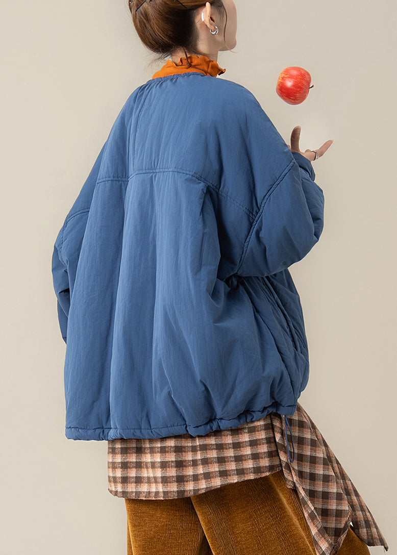 Parka holgada de algodón azul con cuello redondo, bolsillos y cordón ajustable para invierno