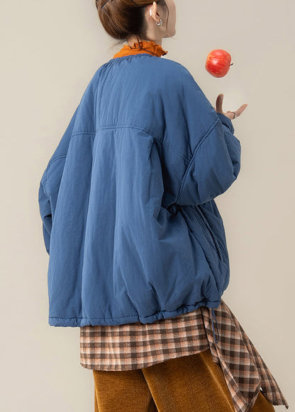 Parka holgada de algodón azul con cuello redondo, bolsillos y cordón ajustable para invierno