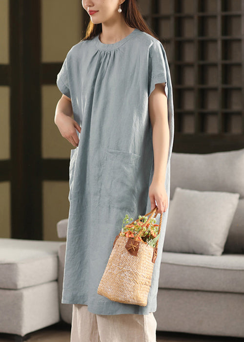 Loose Blue O-Neck Pockets Linen Dresses Summe