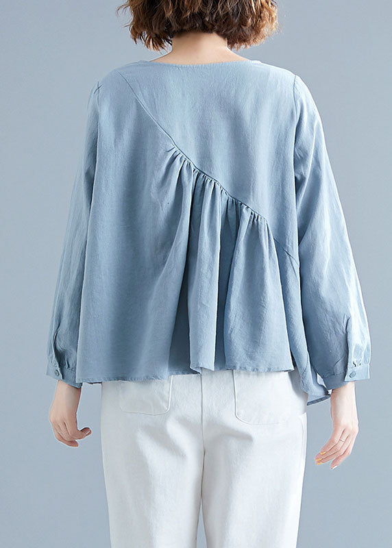 Loses blaues Patchwork-Oberteil mit Rundhalsausschnitt und Taschen