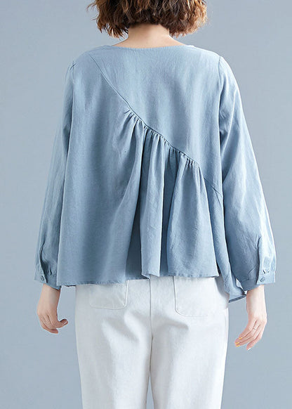 Loses blaues Patchwork-Oberteil mit Rundhalsausschnitt und Taschen