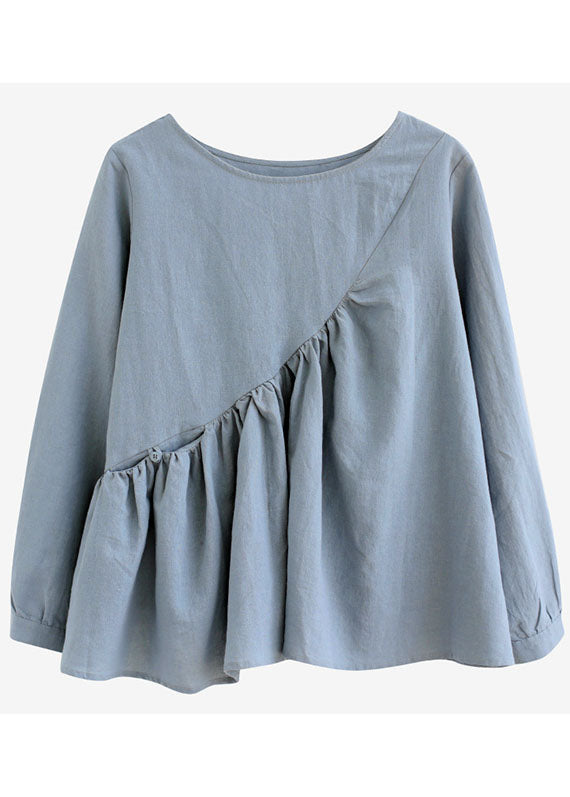 Loses blaues Patchwork-Oberteil mit Rundhalsausschnitt und Taschen