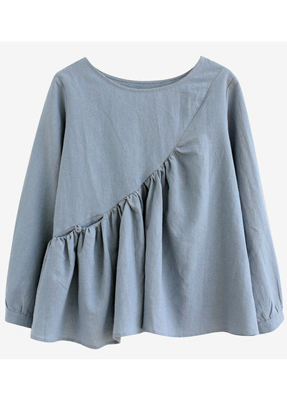 Loses blaues Patchwork-Oberteil mit Rundhalsausschnitt und Taschen