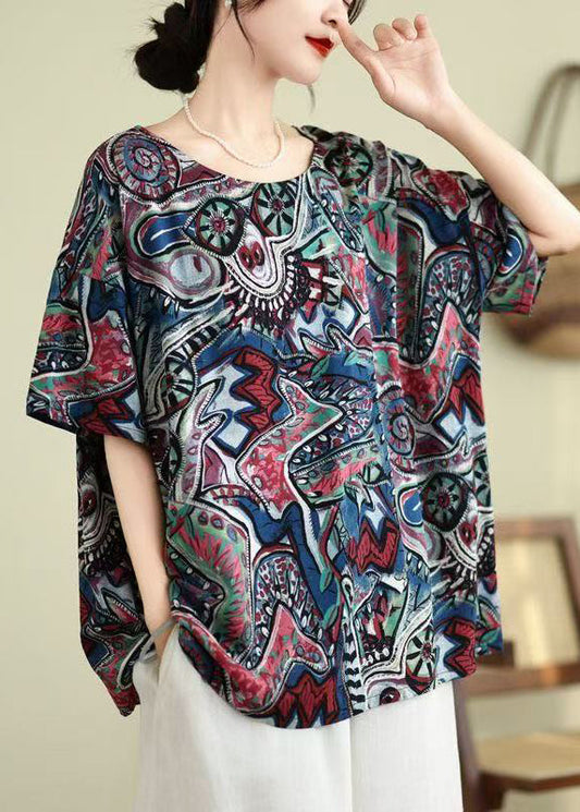 Loose Blue O-Neck Print Shirt Top Summer
