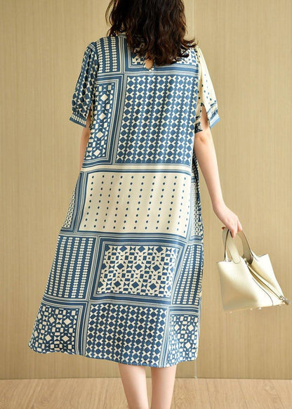 Loose Blue O-Neck Print Summer Cotton Short Sleeve Dress - SooLinen