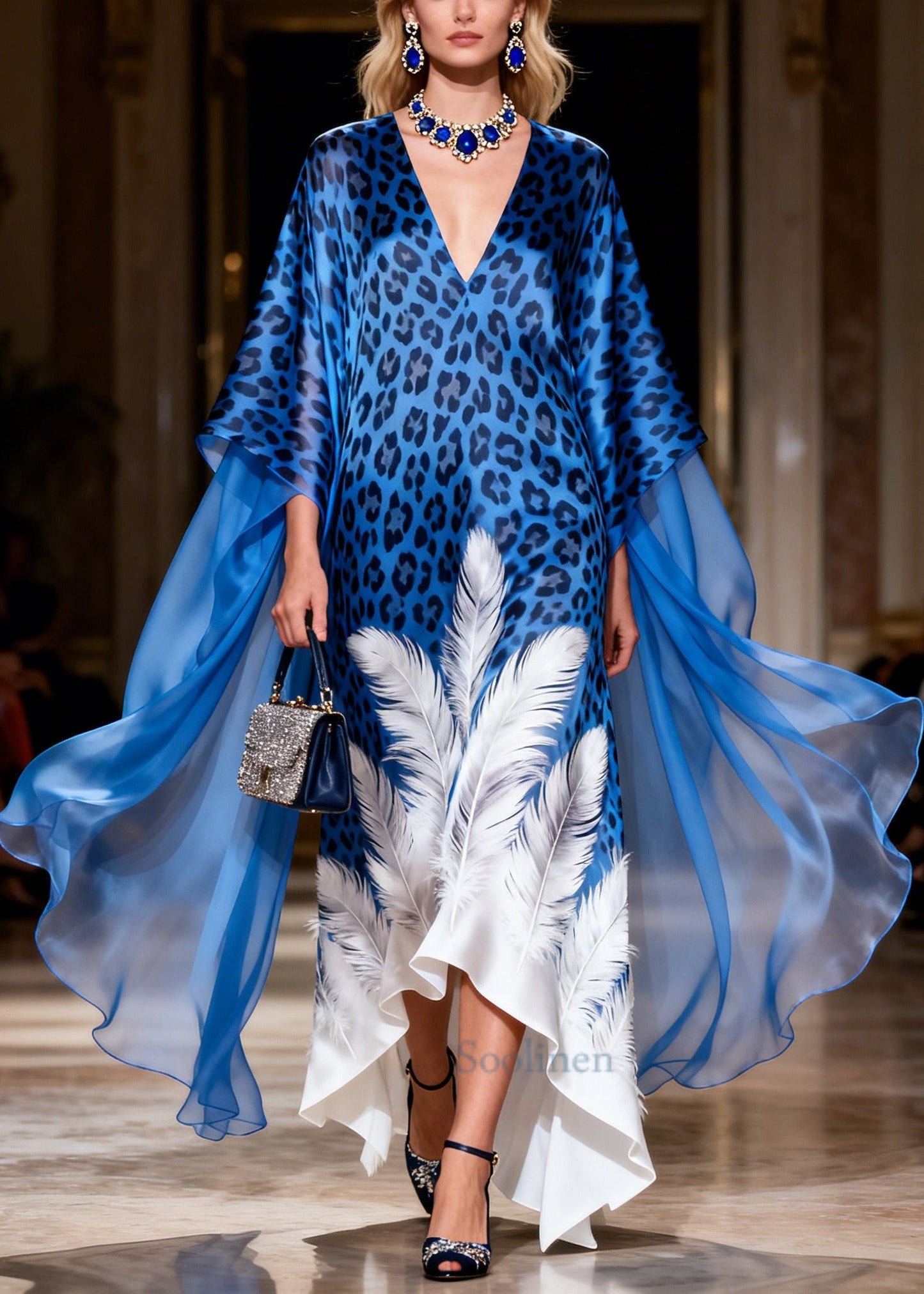 Loose Blue Oversized Print Silk Maxi Dresses Summer
