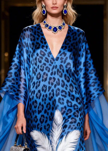 Loose Blue Oversized Print Silk Maxi Dresses Summer