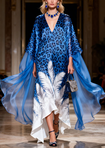Loose Blue Oversized Print Silk Maxi Dresses Summer