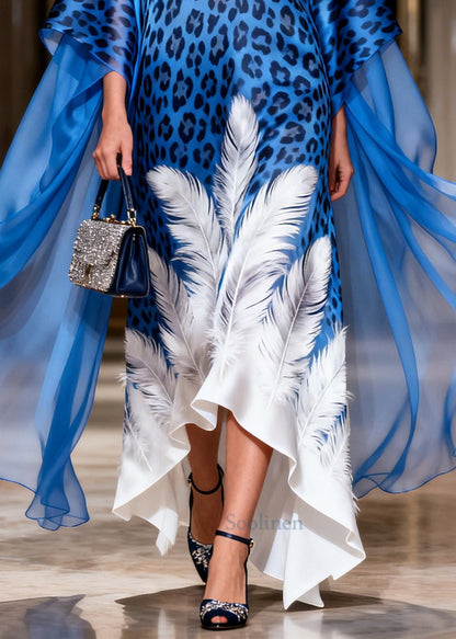 Loose Blue Oversized Print Silk Maxi Dresses Summer