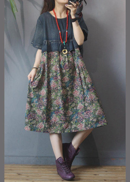 Loose Blue Patchwork  Print Loose Summer Holiday Dress - SooLinen