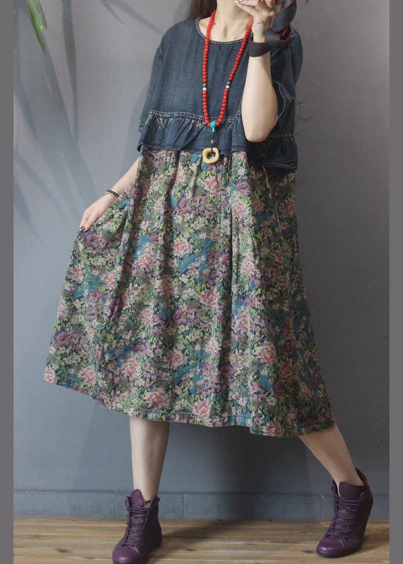 Loose Blue Patchwork  Print Loose Summer Holiday Dress - SooLinen