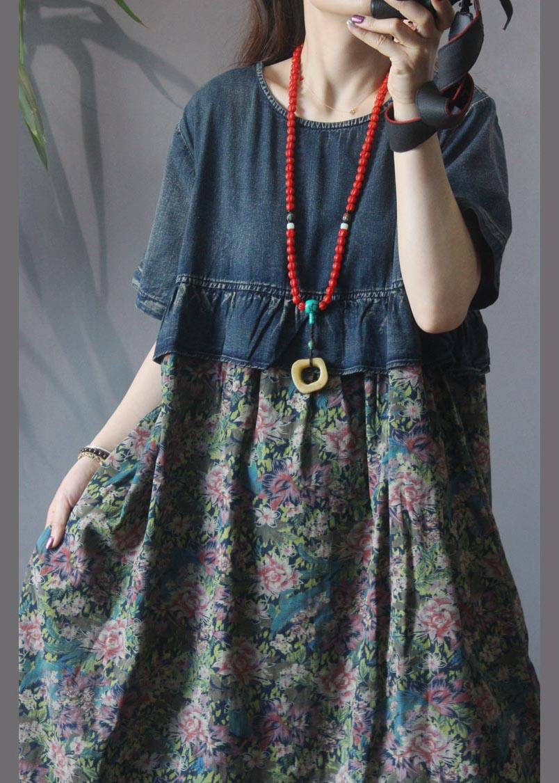 Loose Blue Patchwork  Print Loose Summer Holiday Dress - SooLinen