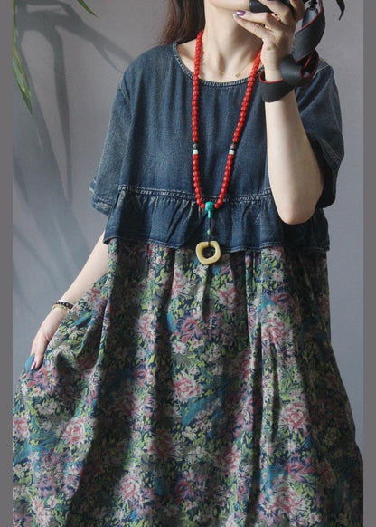 Loose Blue Patchwork  Print Loose Summer Holiday Dress - SooLinen