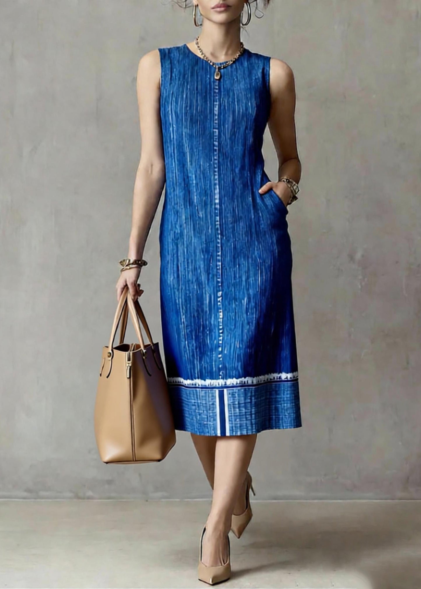 Loose Blue Patchwork Denim Long Dress O-Neck Summer