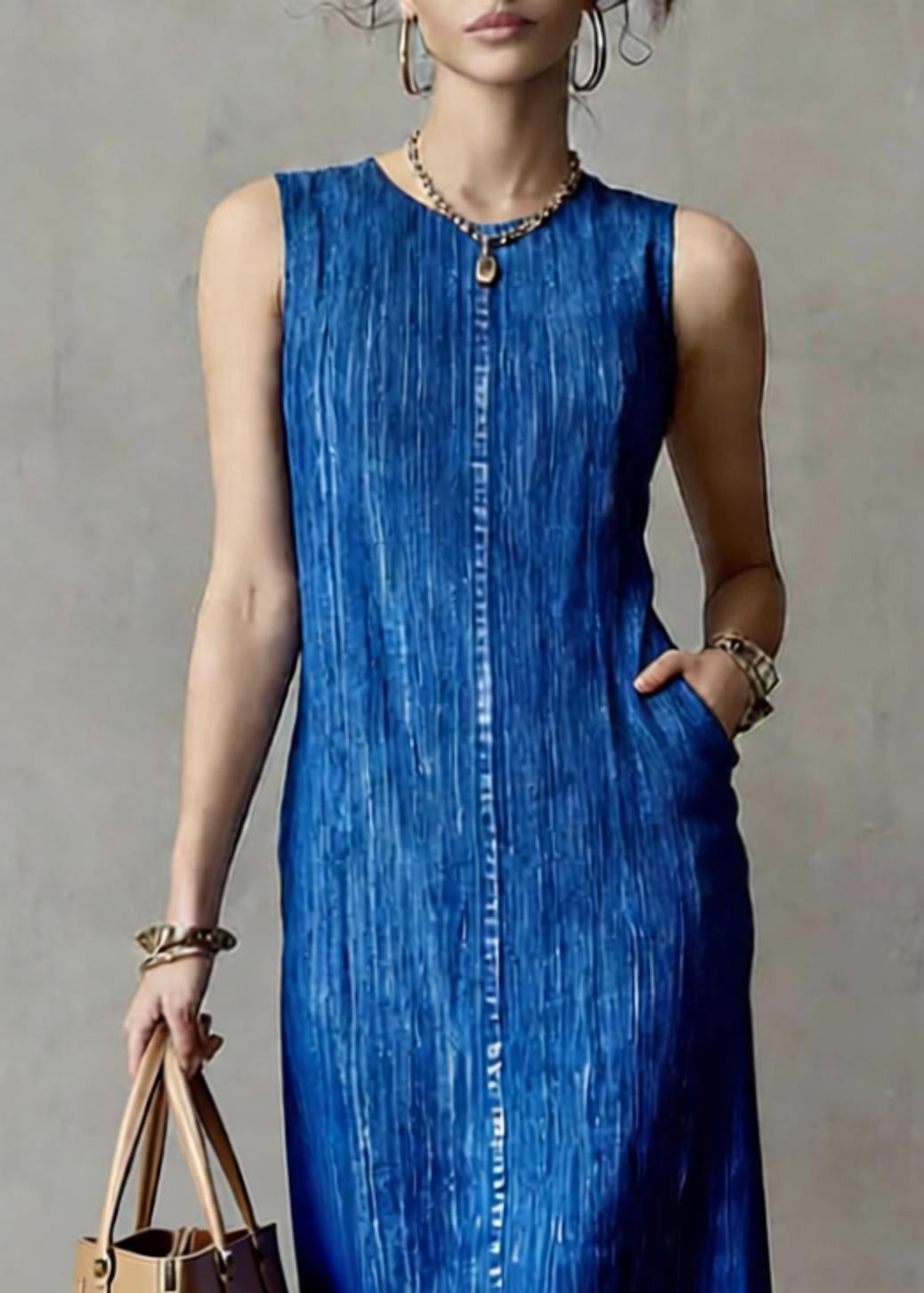 Loose Blue Patchwork Denim Long Dress O-Neck Summer