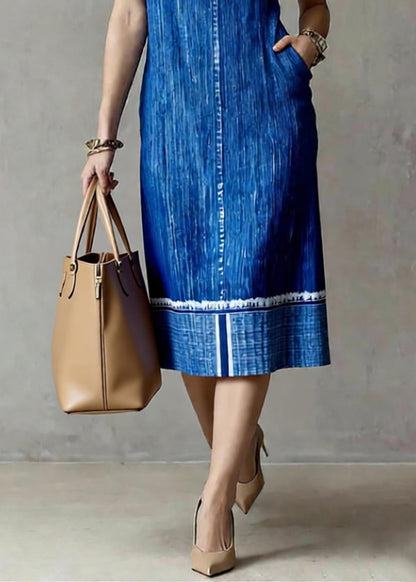 Loose Blue Patchwork Denim Long Dress O-Neck Summer