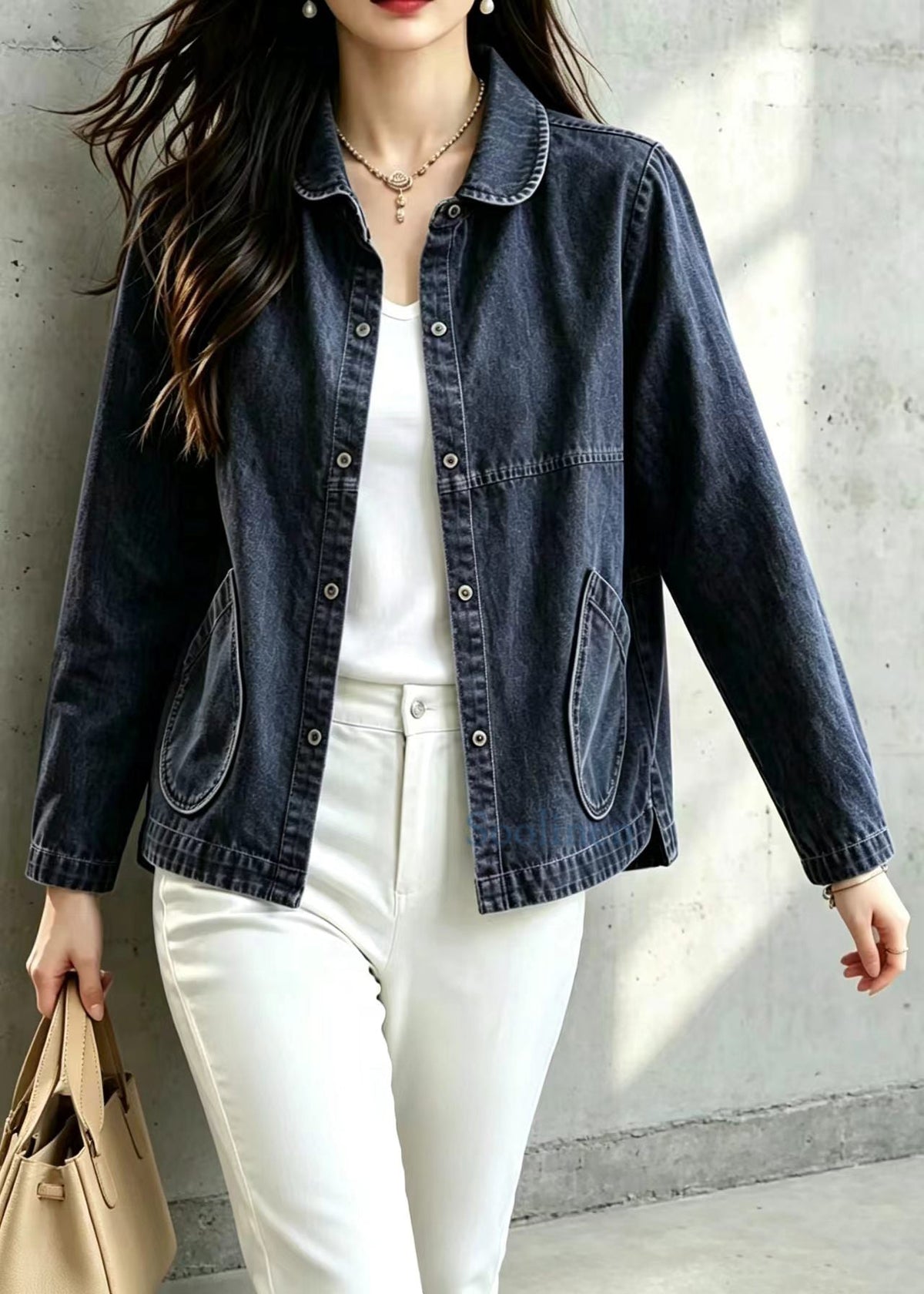 Loose Blue Peter Pan Collar Pockets Denim Jacket Fall