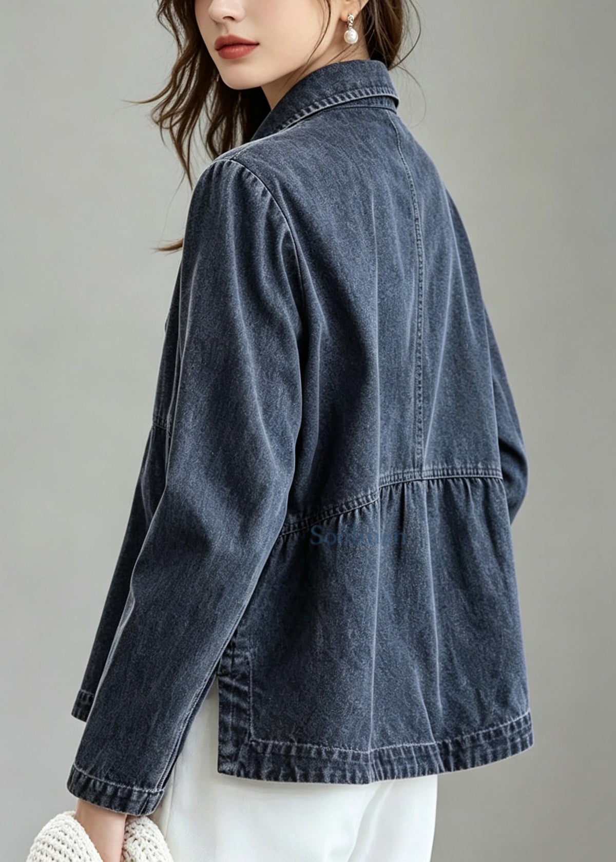 Loose Blue Peter Pan Collar Pockets Denim Jacket Fall
