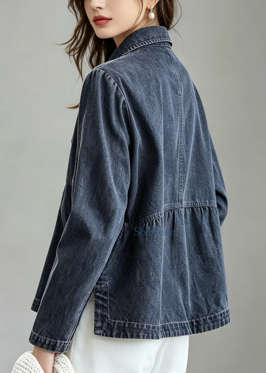 Loose Blue Peter Pan Collar Pockets Denim Jacket Fall