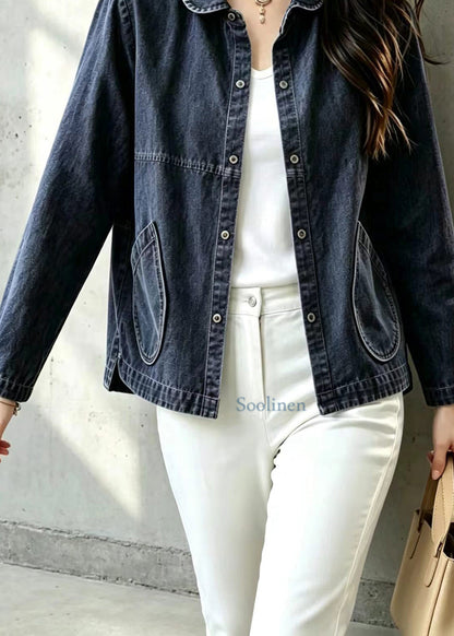 Loose Blue Peter Pan Collar Pockets Denim Jacket Fall
