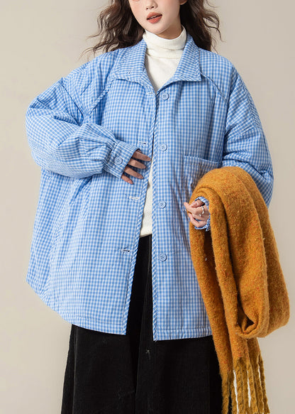 Parkas holgadas de cuadros azules con cuello Peter Pan y bolsillos para invierno