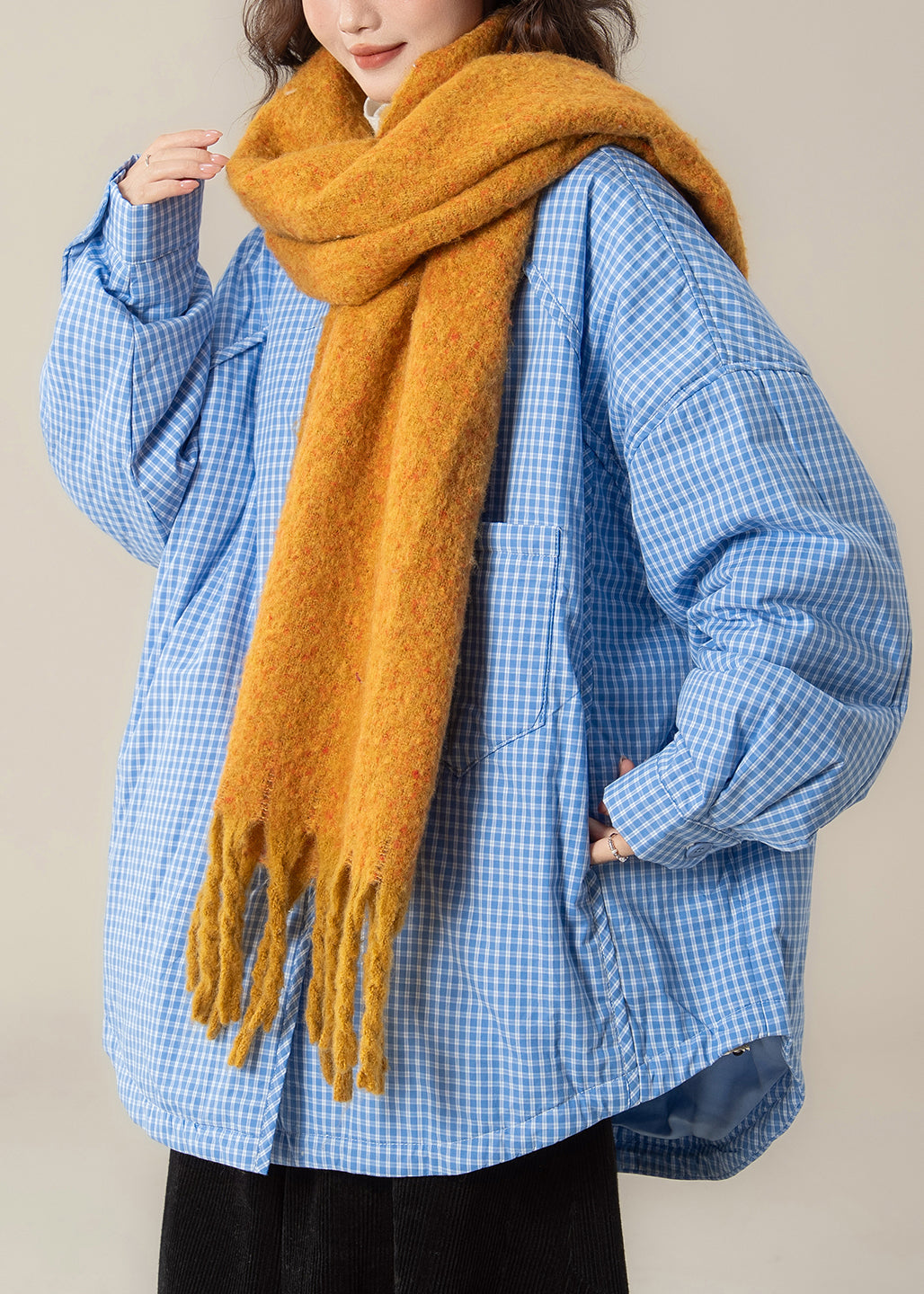 Parkas holgadas de cuadros azules con cuello Peter Pan y bolsillos para invierno