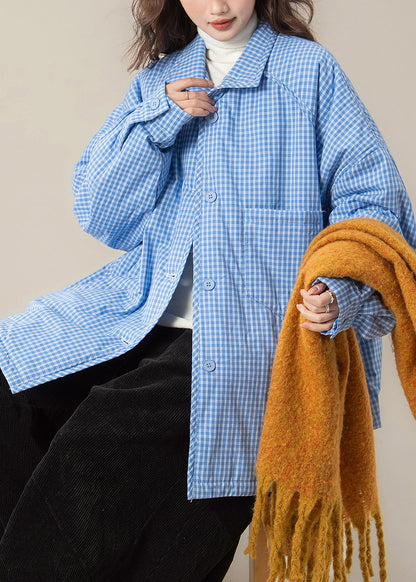 Parkas holgadas de cuadros azules con cuello Peter Pan y bolsillos para invierno
