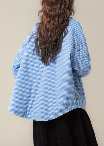 Parkas holgadas de cuadros azules con cuello Peter Pan y bolsillos para invierno