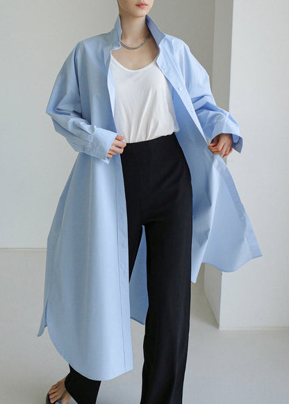 Loose Blue Peter Pan Collar Side Open Cotton Shirts Long Sleeve