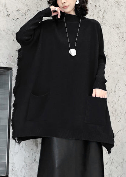 Loose Blue Pockets Side Open Knit Sweater Batwing Sleeve