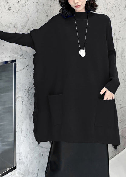 Loose Blue Pockets Side Open Knit Sweater Batwing Sleeve