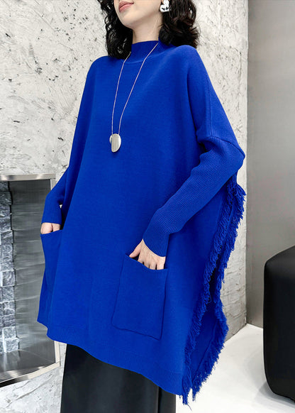 Loose Blue Pockets Side Open Knit Sweater Batwing Sleeve