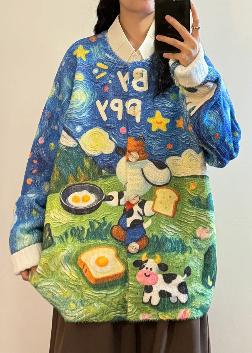 Loose Blue Print Button Cozy Knit Coats Spring