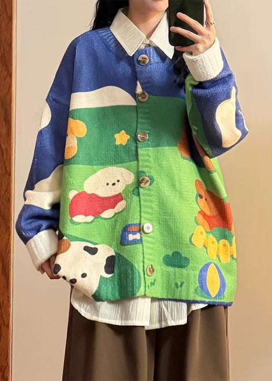 Loose Blue Print Button Cozy Patchwork Knit Sweater