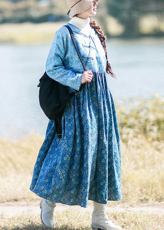 Loose Blue Print Robes V-Neck Patchwork Spring Dresses - SooLinen