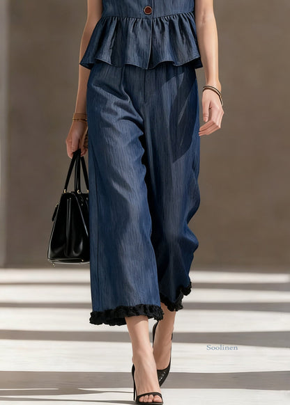 Loose Blue Ruffled Tops And Crop Pants Denim Two Pieces Set Sleeveless
