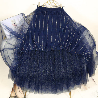 Lockerer blauer Pailletten-Tüll-Faltenrock für den Sommer