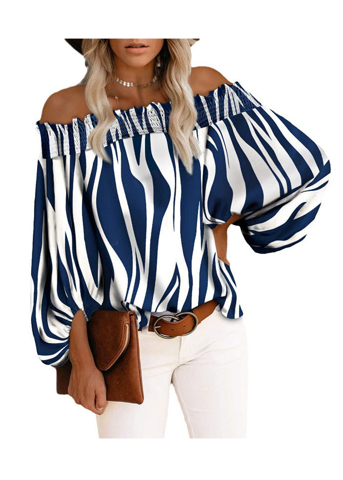 Loose Blue Slash Neck Striped Cotton Shirt Tops Lantern Sleeve
