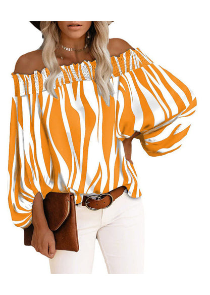 Loose Blue Slash Neck Striped Cotton Shirt Tops Lantern Sleeve