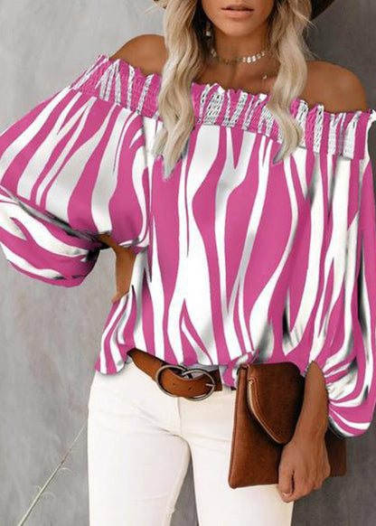 Loose Blue Slash Neck Striped Cotton Shirt Tops Lantern Sleeve