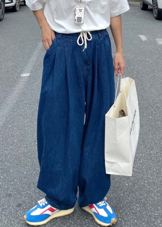 Loose Blue Solid Elastic Waist Denim Mens Pants Summer