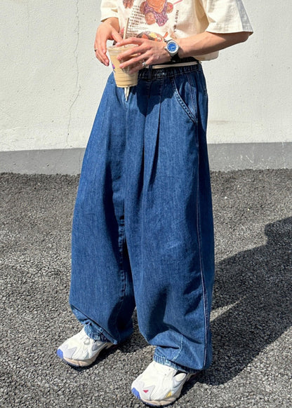 Loose Blue Solid Elastic Waist Denim Mens Pants Summer