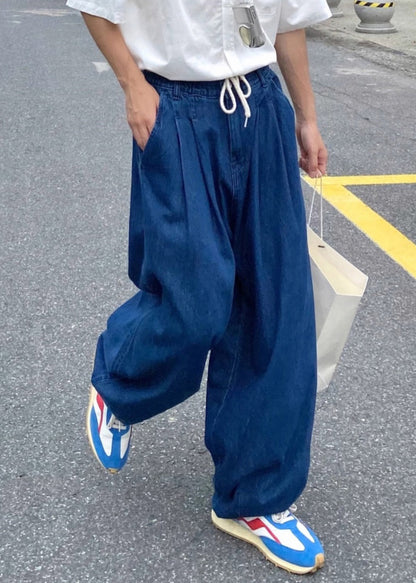 Loose Blue Solid Elastic Waist Denim Mens Pants Summer