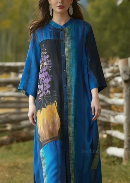 Loose Blue Stand Collar Button Print Silk Cardigans Summer