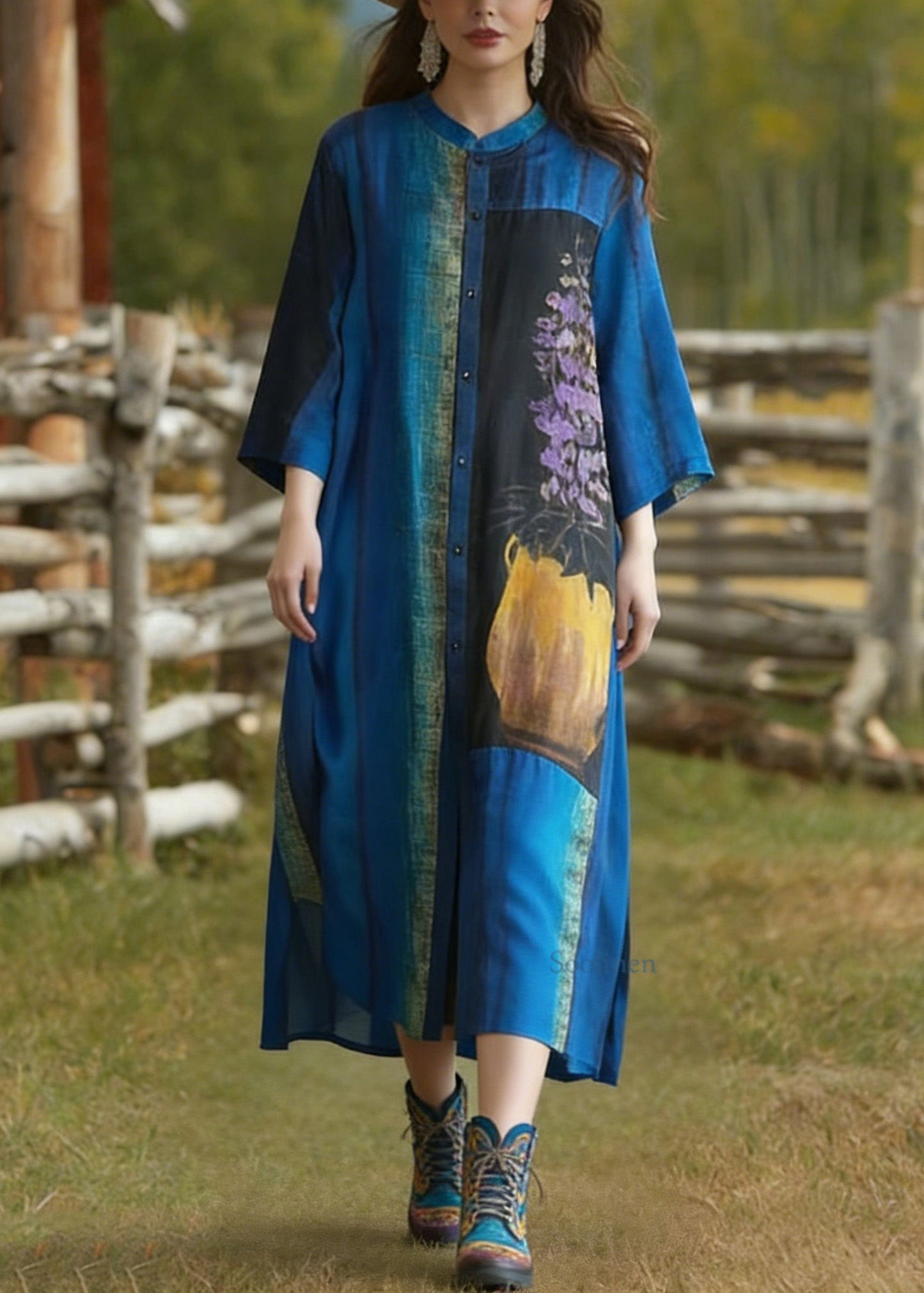 Loose Blue Stand Collar Button Print Silk Cardigans Summer