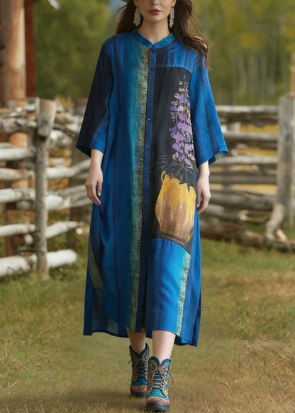 Loose Blue Stand Collar Button Print Silk Cardigans Summer