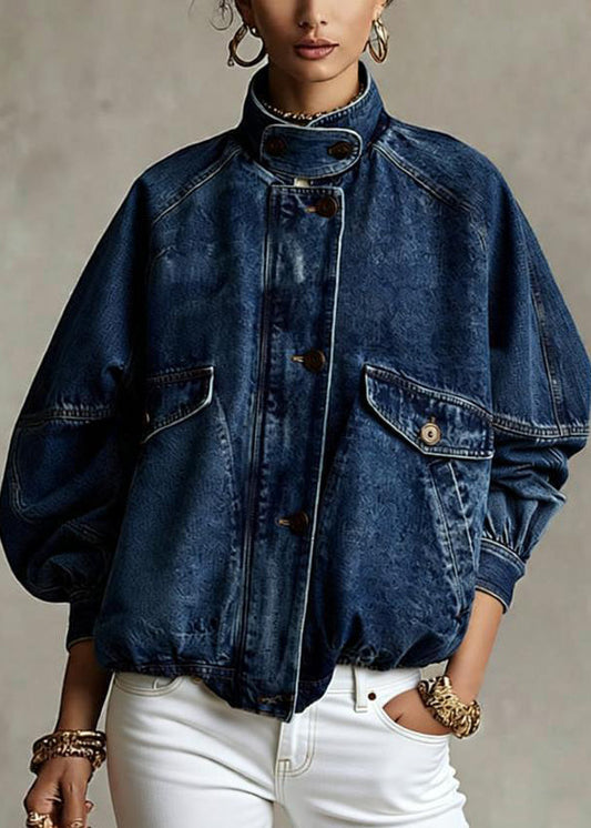 Loose Blue Stand Collar Pockets Denim Jacket Spring