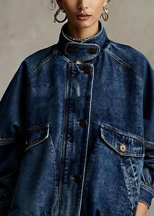 Loose Blue Stand Collar Pockets Denim Jacket Spring
