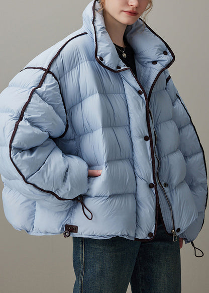 Abrigo acolchado de plumón de pato azul holgado con cuello alto, cremallera y cordón ajustable para invierno